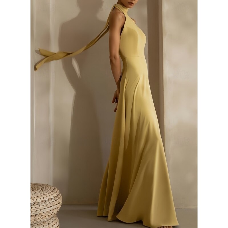 A-Line Evening Gown Elegant Dress Formal Evening Party Floor Length Sleeveless Halter Neck Italy Satin Backless with Strappy3