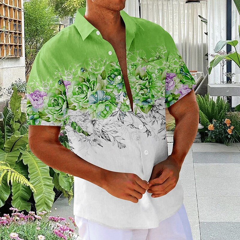 Men's Floral Print Flowers Shirt Summer Hawaiian Shirt Button Up Shirt Short Sleeve Hawaiian Vacation Holiday Beach Wear Summer Turndown 3D Print Front One Pocket Linen Like Shirt Pink Blue Green3