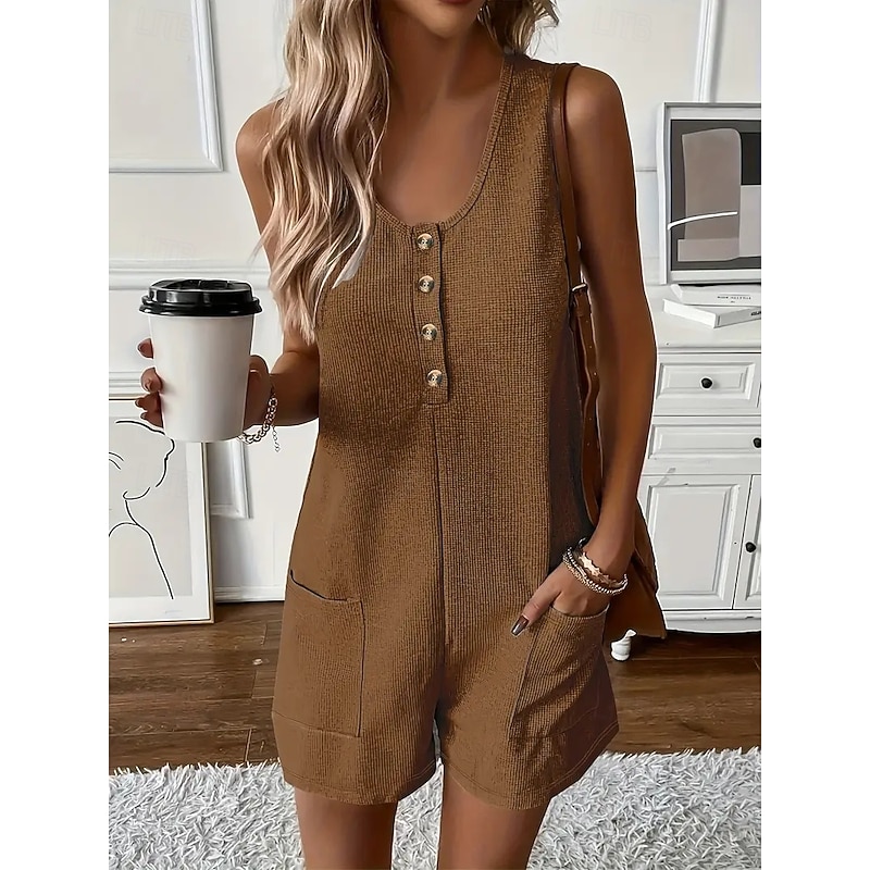 Women's Normal Romper Casual Solid Color Sleeveless Baggy Shorts Crew Neck Buttons Pocket Sport Daily Regular Fit Black Army Green Brown Summer4