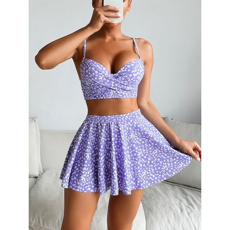 Women's Swimsuits Bikini Three Piece Skirt Swimsuit Backless Slim Vacation Beach Wear Floral V Neck Sleeveless Bathing Suits3