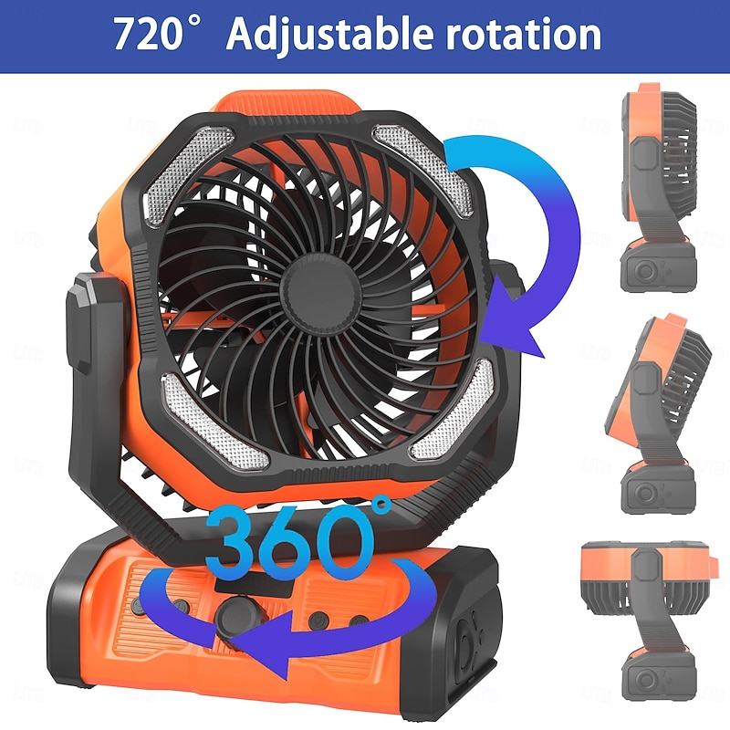1 Pc Camping Lights, Fans, Large Capacity Rechargeable Battery For Mobile Phone Charging, Suspension, Standing Dual-Use, Stepless Speed Regulation Type-C, Low Noise3