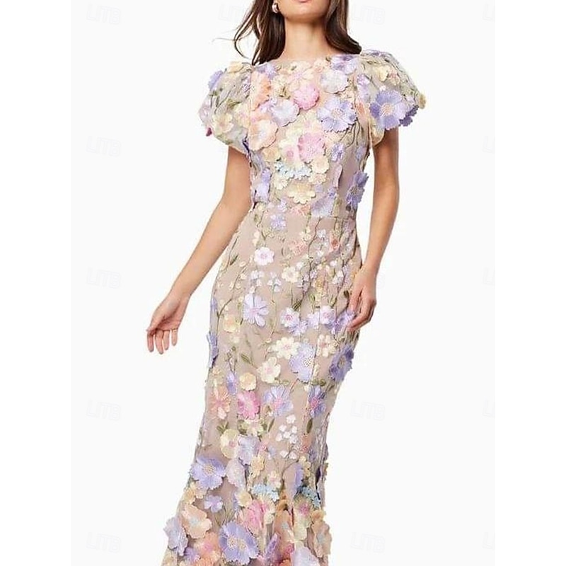 Mermaid Floral Embroidered Lace Dresses Elegant Dress Wedding Wedding Guest Ankle Length Short Sleeve Crew Neck Dress