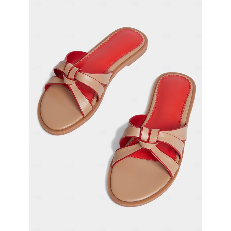 Women's Beige and Red Slip-On Flat Sandals with Knotted Straps – Casual Everyday & Summer Date Shoes3