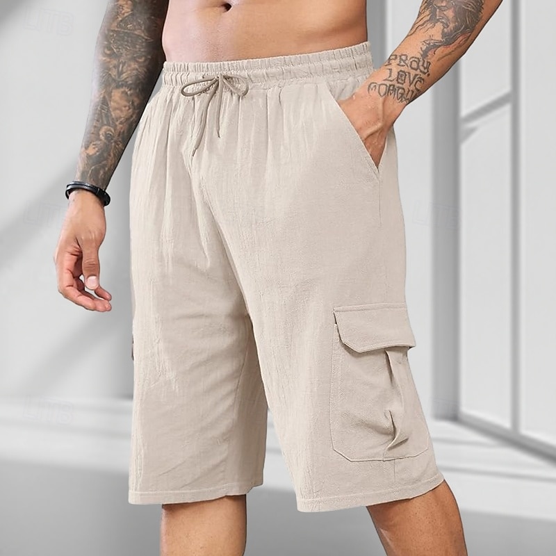 Men's Shorts Linen Shorts Summer Shorts Beach Shorts Drawstring Elastic Waist Multi Pocket Plain Comfort Breathable Knee Length Outdoor Daily Beach Fashion Classic Style Dark Brown Black2