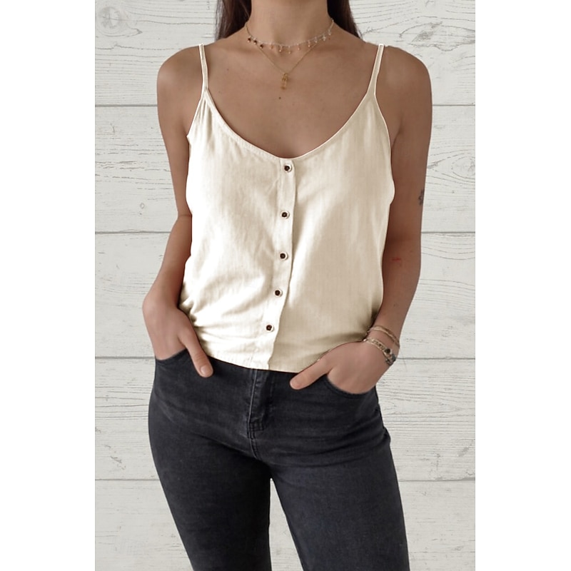 Women's Shirt Linen Shirt Cotton Linen Shirts Plain Daily Stylish Casual Sleeveless Strap Regular Tops Daily Going out Buttons Black White Brown Green Summer