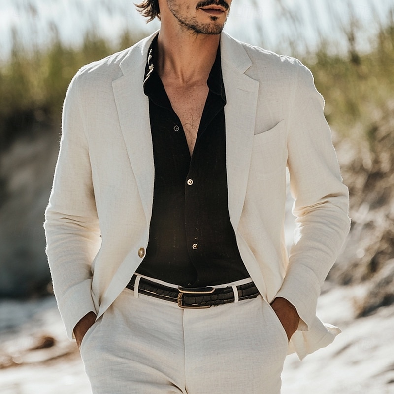 Men's Casual Beach Wedding Linen Suits Sky Blue Sage Daily Lightweight Solid Colored Standard Fit 2 Piece Single Breasted One-button2