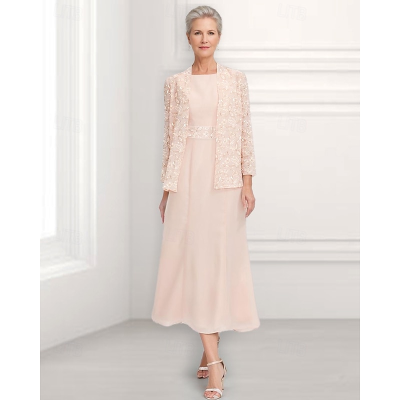 A-Line Dress Mother of the Bride Dress Wedding Guest Church Elegant Vintage Jewel Neck Ankle Length Chiffon Long Sleeve with Sequin Embroidery3