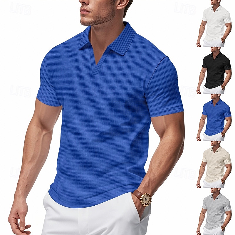Men's Waffle Polo Shirts Golf Shirt Business Casual V Neck Short Sleeve Fashion Basic Solid Color Buttons Summer Spring &  Fall Regular Fit Black White Royal Blue Light Grey Beige Waffle Polo Shirts