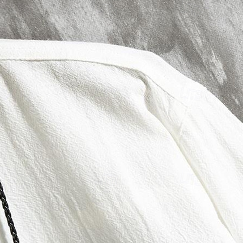 Men's Shirt Linen Shirt Casual Shirt Button Up Shirt Cotton Shirt Plain Vacation Hawaiian Black White Green 3/4 Length Sleeve Band Collar Summer Clothing Apparel Pocket4