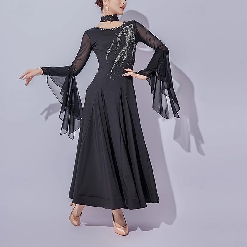 Ballroom Dance Dress Crystal / Rhinestone Splicing Women's Performance Training Long Sleeve Mesh Milk Fiber3