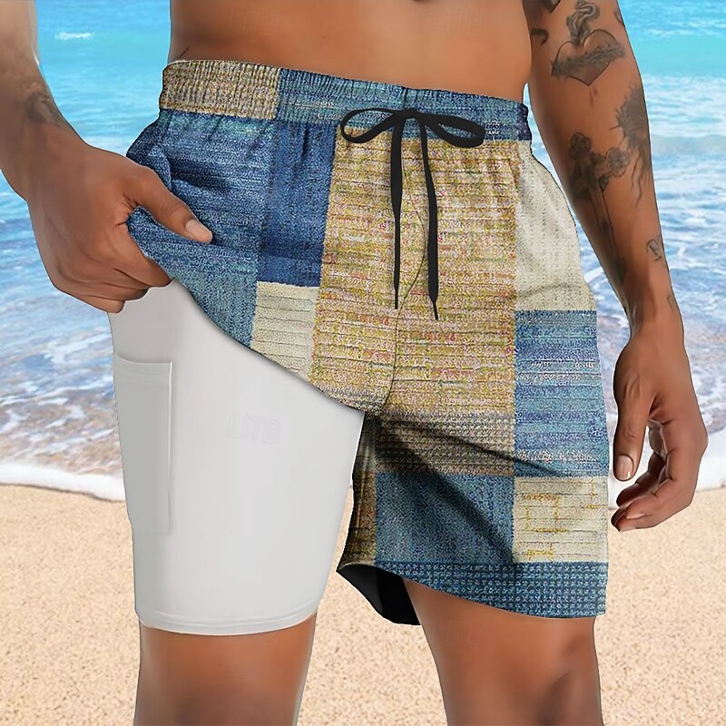 Men's Color Block Patchwork Lined Shorts 2 in 1 Board Shorts Swim Shorts Mid Waist Hawaiian Vacation Holiday Beach Wear Side Pockets With Compression Liner Elastic Drawstring Waist Designer Clothing3