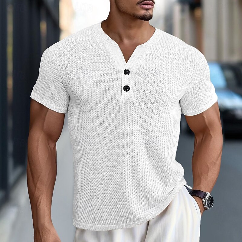 Men's Waffle Henley Shirt Tee Short Sleeve Solid Color Plain Knitwear Buttons Henley Outdoor Casual Daily Summer Spring &  Fall Black White Blue Henley T-Shirt