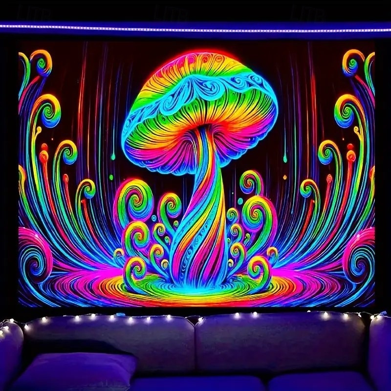 Blacklight Tapestry Glow in the Dark Glow Party UV Reactive Trippy Misty Mushroom Nature Landscape Hanging Tapestry Wall Art Mural for Living Room Bedroom