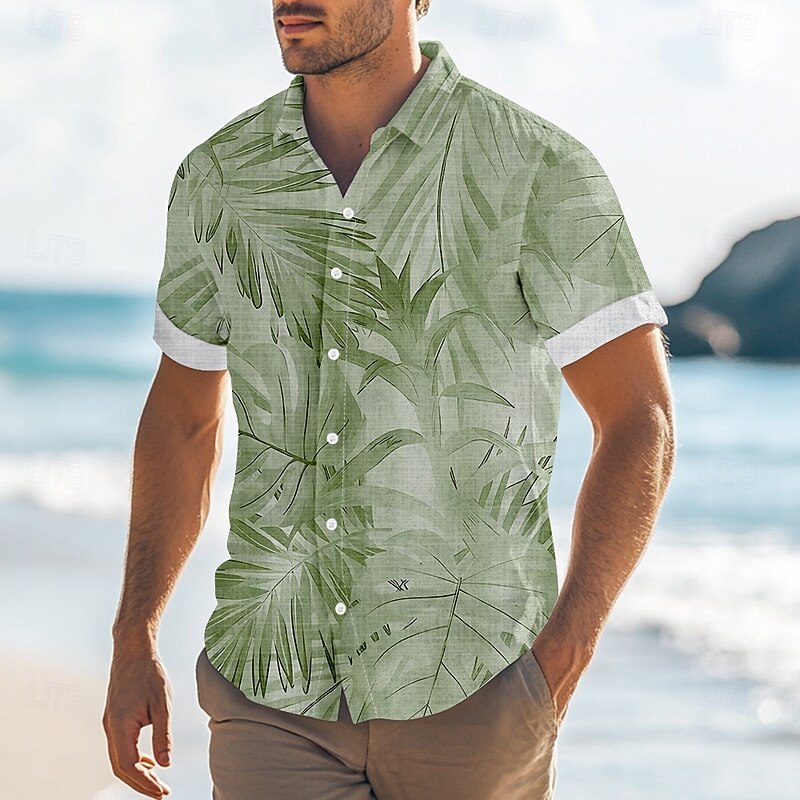 Men's Palm Leaf Tropical Plants Casual Shirt Summer Hawaiian Shirt Button Up Shirt Short Sleeve Hawaiian Resort Vacation Holiday Beach Wear Summer Spring Turndown 3D Print Collared Shirts Blue Purple4