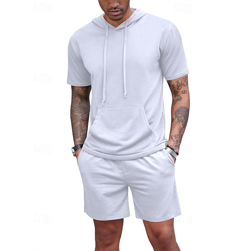 Men's Tracksuit T shirt & Shorts Outfit Set Hoodie Outdoor Daily Sports Pocket Drawstring Plain Wine Red Black White Polyester Activewear Streetwear Lightweight Summer2