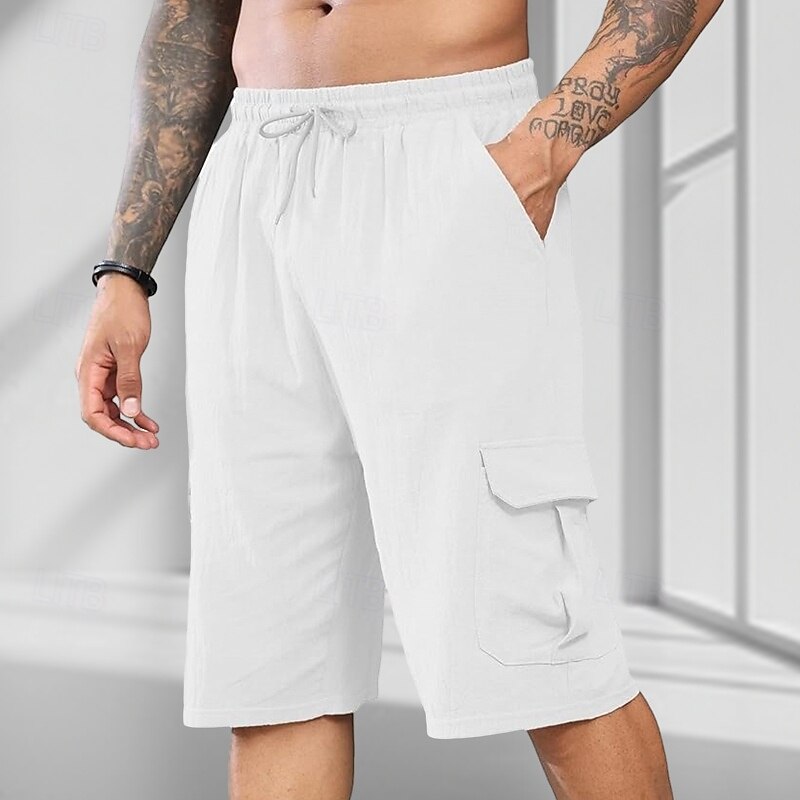 Men's Shorts Linen Shorts Summer Shorts Beach Shorts Drawstring Elastic Waist Multi Pocket Plain Comfort Breathable Knee Length Outdoor Daily Beach Fashion Classic Style Dark Brown Black3