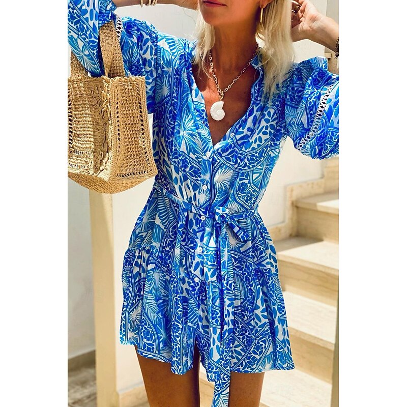 Women's Mini Dress Petite Dress Print Dress Fashion Daily Holiday Date Regular Fit Flower 3/4 Length Sleeve V Neck Blue Summer4