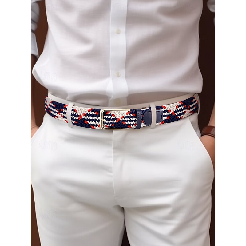 Men's Braided Elastic Stretch Belt – Multicolor Woven Design with Leather Tip & Metal Buckle, Casual & Golf Style, Adjustable Fit for Jeans & Trousers, Perfect for Sports & Everyday Wear