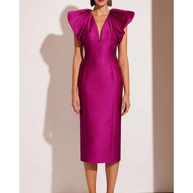 Sheath / Column Cocktail Dresses Elegant Formal Wedding Tea Length Midi Dress Short Sleeve V NeckDress Satin with Pleats2