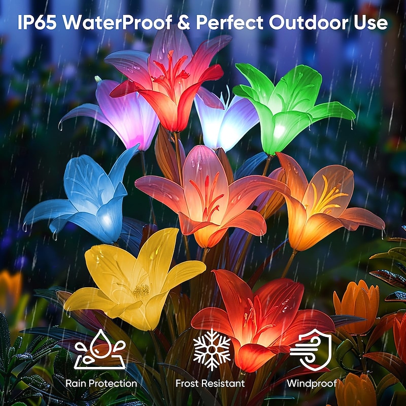 1 Pc 4 Head Outdoor Solar 7-Color Dimming Lily Ground Plug in Light Courtyard Garden Park Path Lawn Wedding Festival Party Memorial Decorative Light in front of Tombstone4