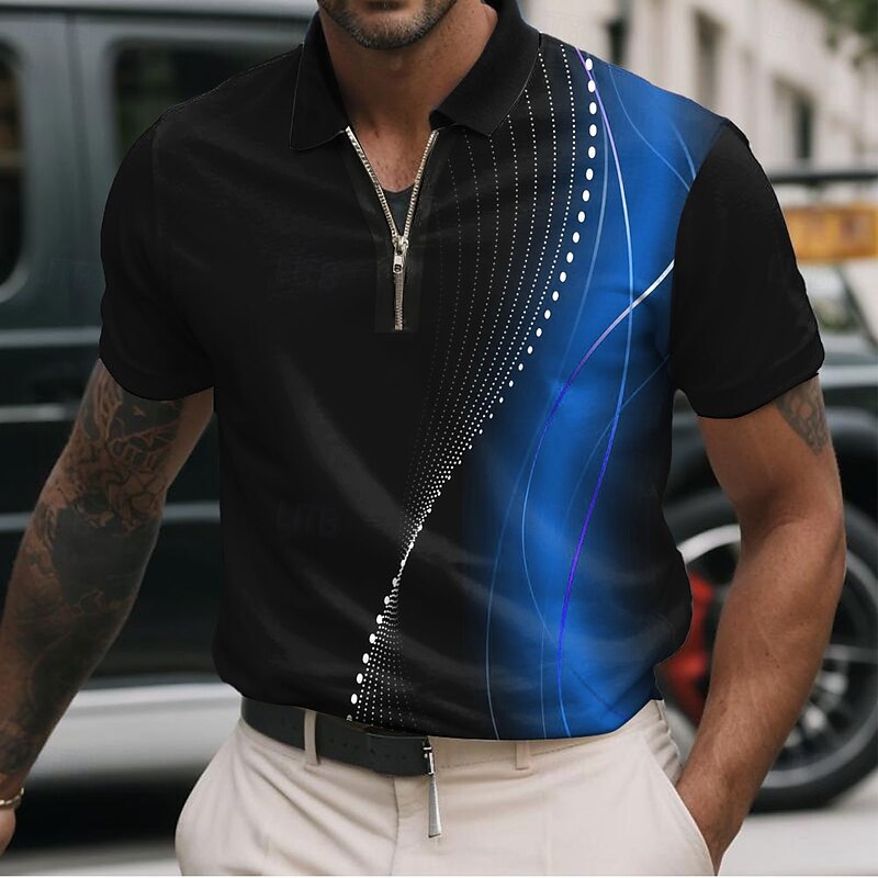 Men's Geometic Line Zip Polo Shirts Short Sleeve Polo Shirts Collared Shirts Business Casual Business Athleisure Wear to work Daily Wear 3D Print Summer Red Blue Purple2