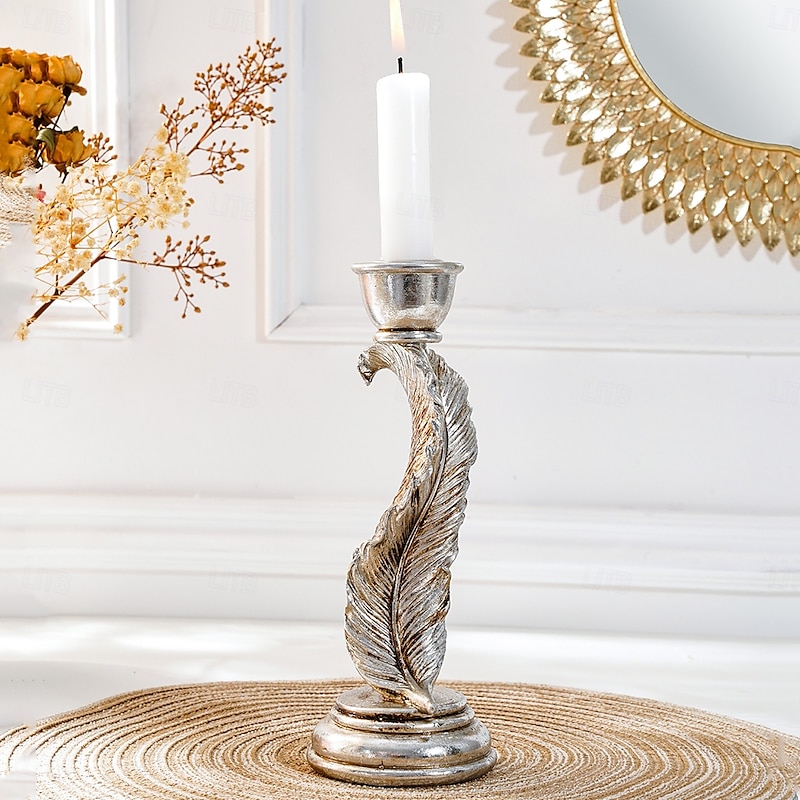 Vintage Antique Silver Feather Candle Holder – Rustic Resin Taper Candle Stand for Home, Wedding, Party, and Dining Table Decoration 2025 - $19.49