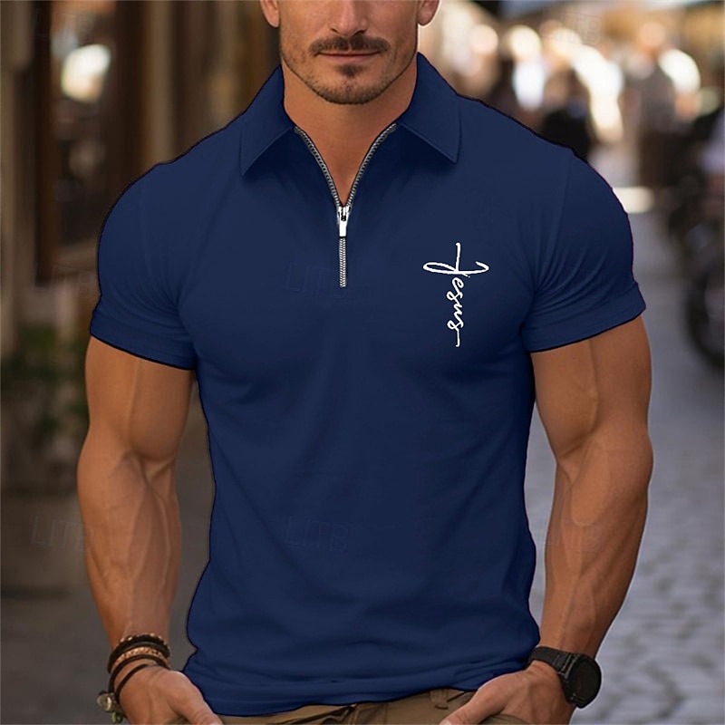 Men's Quarter Zip Polo Golf Shirt Daily Holiday Lapel Short Sleeve Fashion Basic Cross Print Summer Spring Regular Fit Black White Pink Navy Blue Light Sky Blue Quarter Zip Polo2