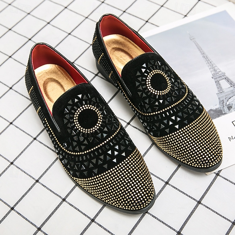 Men's Prom Shoes - Black Studded Velvet Loafers with Spiral Design for Luxurious Occasions3