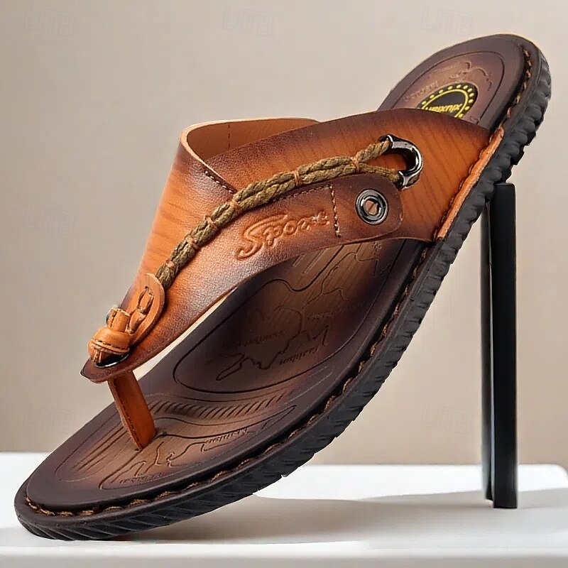 Luxury Brown Faux Leather Men's Flip-Flops with Embossed Design and Braided Strap - Premium Comfort Footwear for Stylish Casual Outings