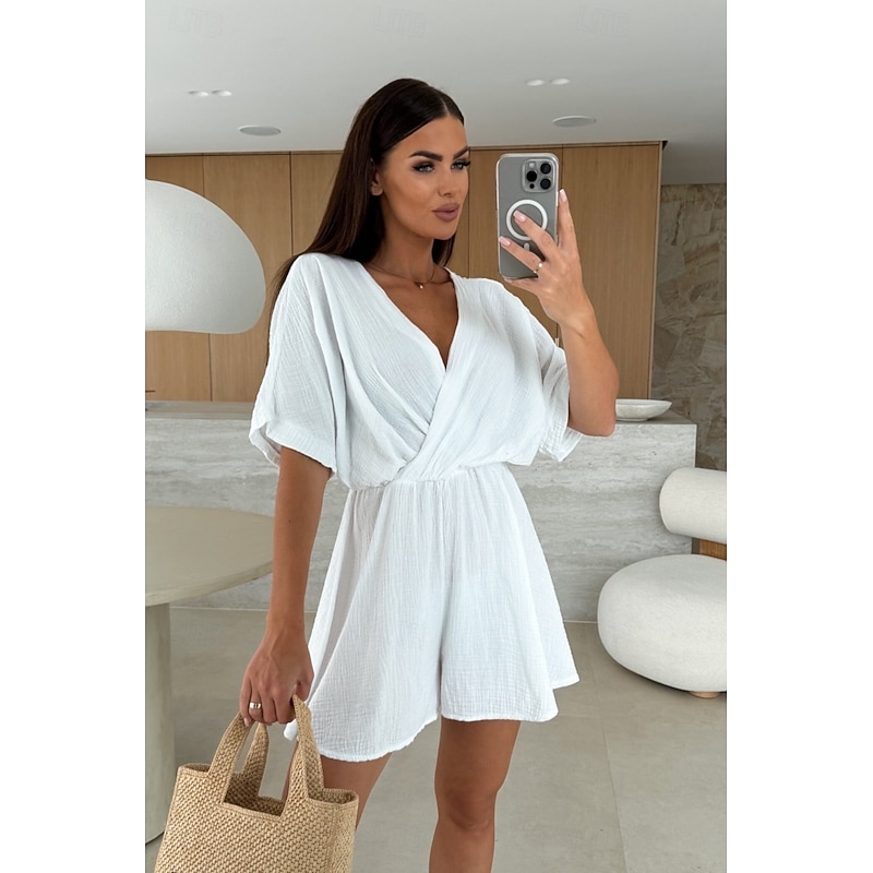 Women's Romper Casual Solid Color Half Sleeve T-shirt Sleeve V Neck Elastic Waist High Waist Daily Regular Fit Black White Pink Summer