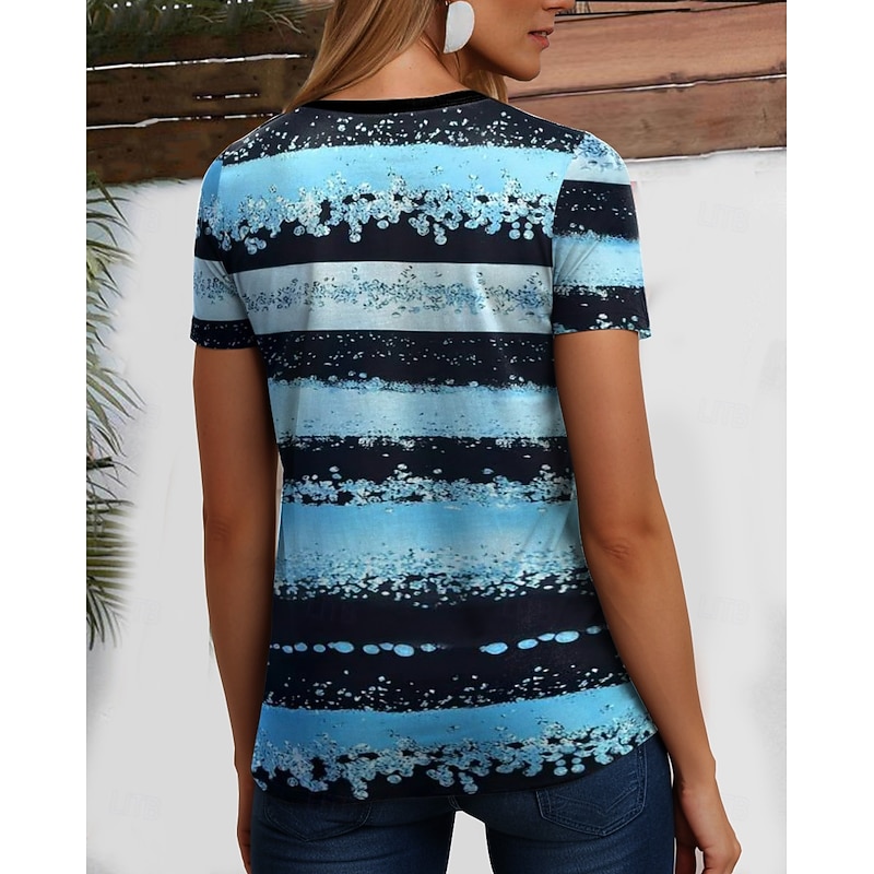 Women's T Shirt Ocean Striped Casual Short Sleeve V Neck Regular Tops Daily Going out Weekend Print Yellow Pink Blue Purple Orange Summer2