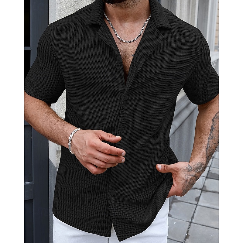 Men's Shirt Summer Shirt Casual Shirt Beach Shirt Button Up Shirt Black Short Sleeve Plain Shirt Collar Vacation Hawaiian Button-Down Clothing Apparel Polyester Fashion Casual Comfortable