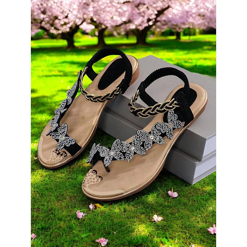 Women's Rhinestone Butterfly Flat Sandals – Sparkly Open-Toe Bohemian Summer Beach Shoes for Summer & Vacation Wear4