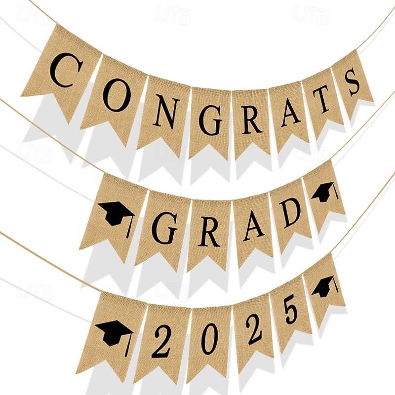 2025 Graduation Party Banner, Vintage Fish Tail Flag, "CONGRATS GRAD" Burlap Pennant Flag for Graduation Party Decorations3