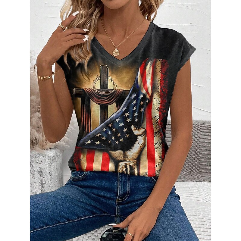 Women's Patriotic  Camisole Tank Top Graphic Flag Stylish Casual Sleeveless V Neck Regular Tops Daily Print Black Summer