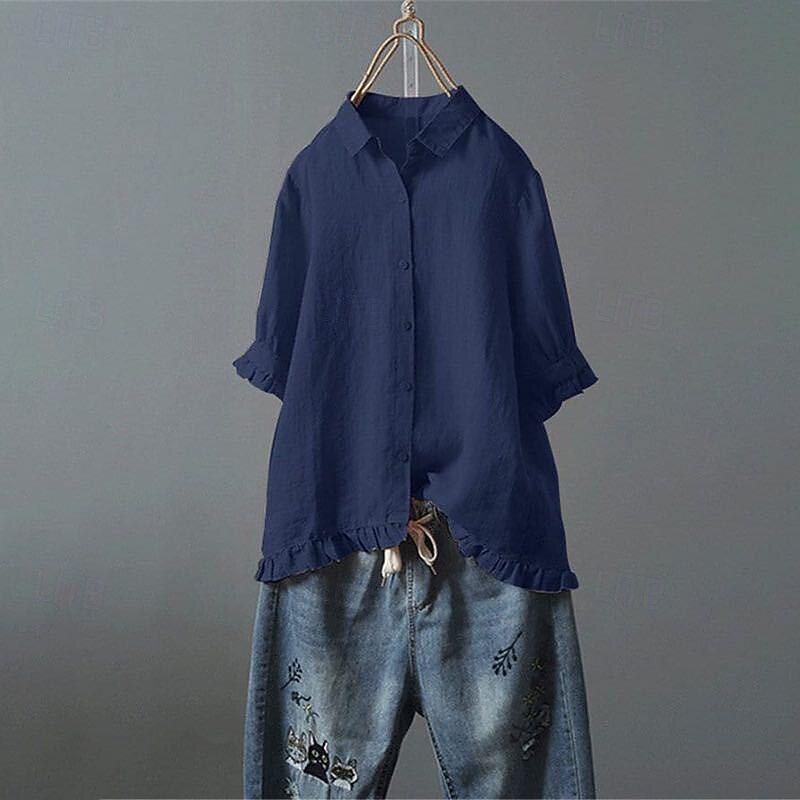 Women's Shirt Blouse Cotton Linen Shirts Plain Basic Modern Short Sleeve Shirt Collar Regular Tops Daily Holiday Going out Buttons White Yellow Pink Navy Blue Light Blue Summer2