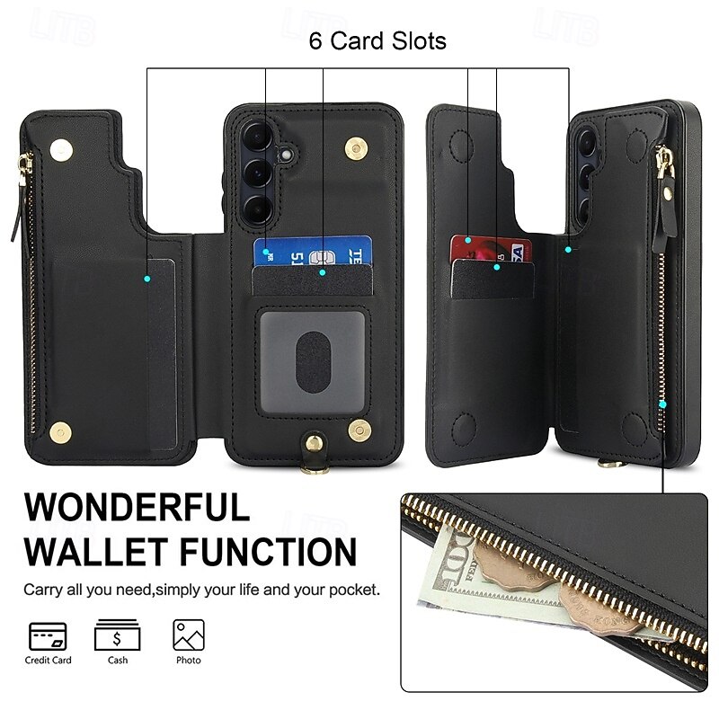 Phone Case For Samsung Galaxy S25 S24 S24 FE S23 S22 S21 Ultra Plus A16 A55 5G A35 5G A15 Back Cover with Stand Holder Zipper with Lanyard Retro TPU PU Leather4