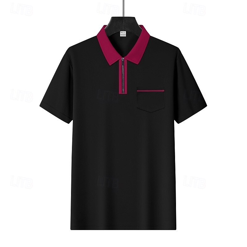 Men's Quarter Zip Polo Golf Shirt Daily Holiday Quarter Zip Short Sleeve Fashion Basic Color Block Patchwork Summer Spring Regular Fit Light Blue Black White Wine Navy Blue Orange Quarter Zip Polo4