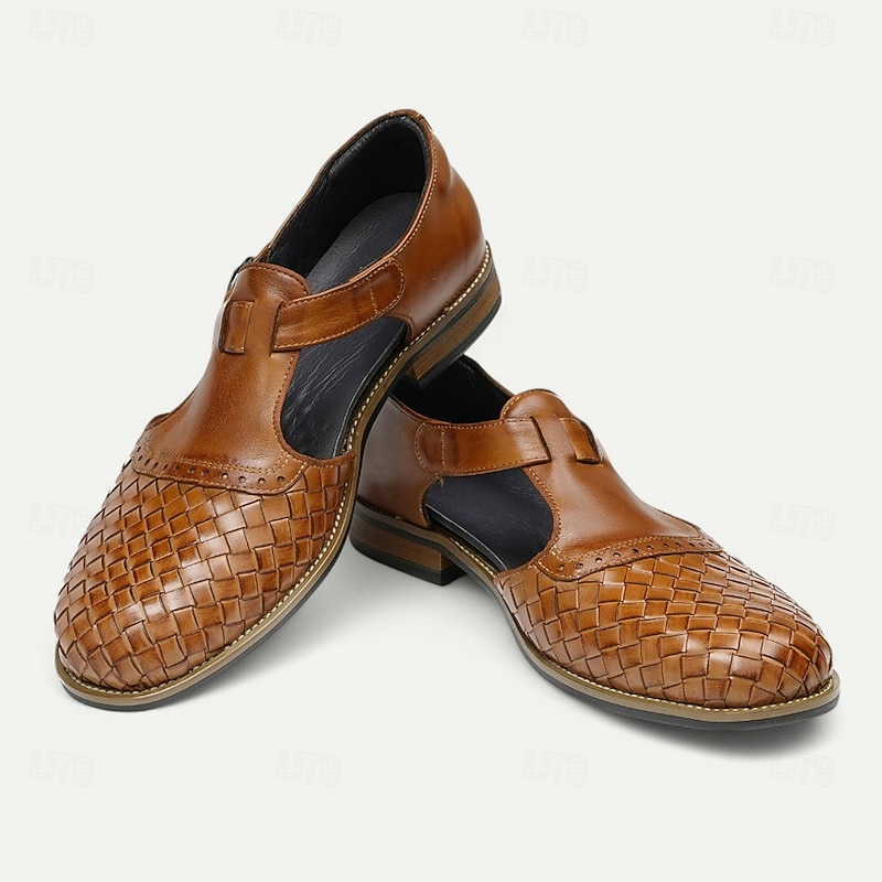 Men's Traditional Brown Woven Leather Loafers with Buckle - Perfect for Business Casual and Everyday Wear2