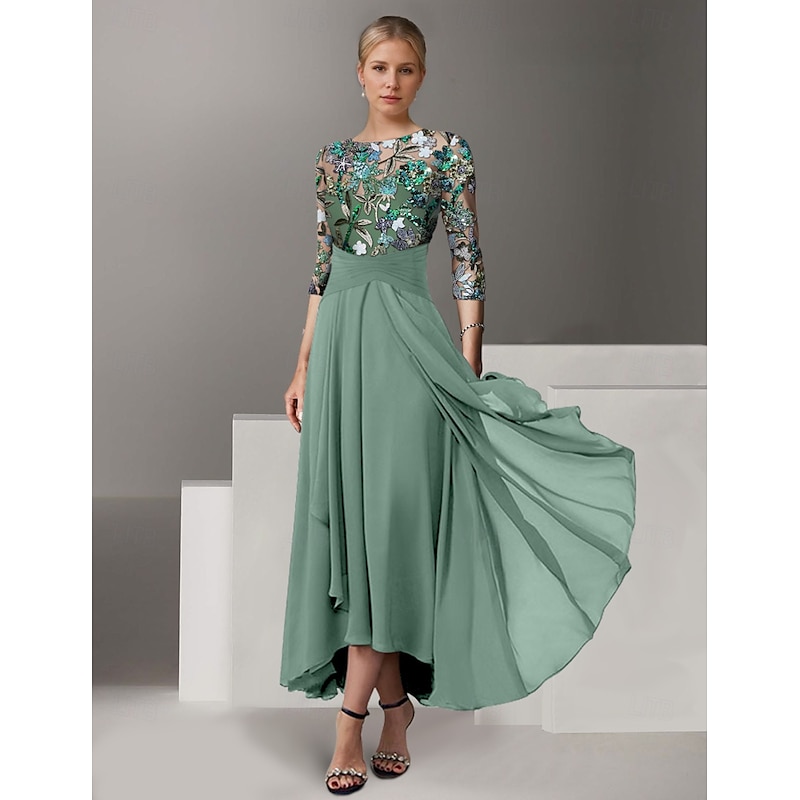 A-Line Embroidered Mother of the Bride Overskirt Dress Elegant Vintage Illusion Neck Ankle Length Chiffon Half Sleeve with Sequin