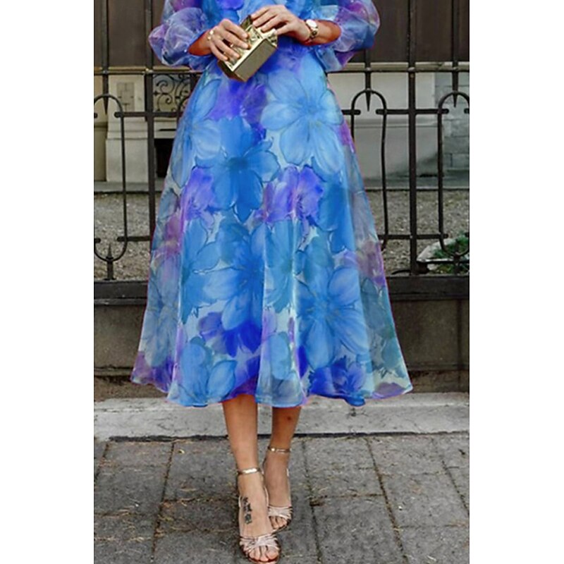 Women's Midi Dress Floral Dress Print Dress Fashion Classic Modern Puff Sleeve Vacation Going out Weekend Regular Fit Flower Long Sleeve Crew Neck Blue Rose Red Summer2
