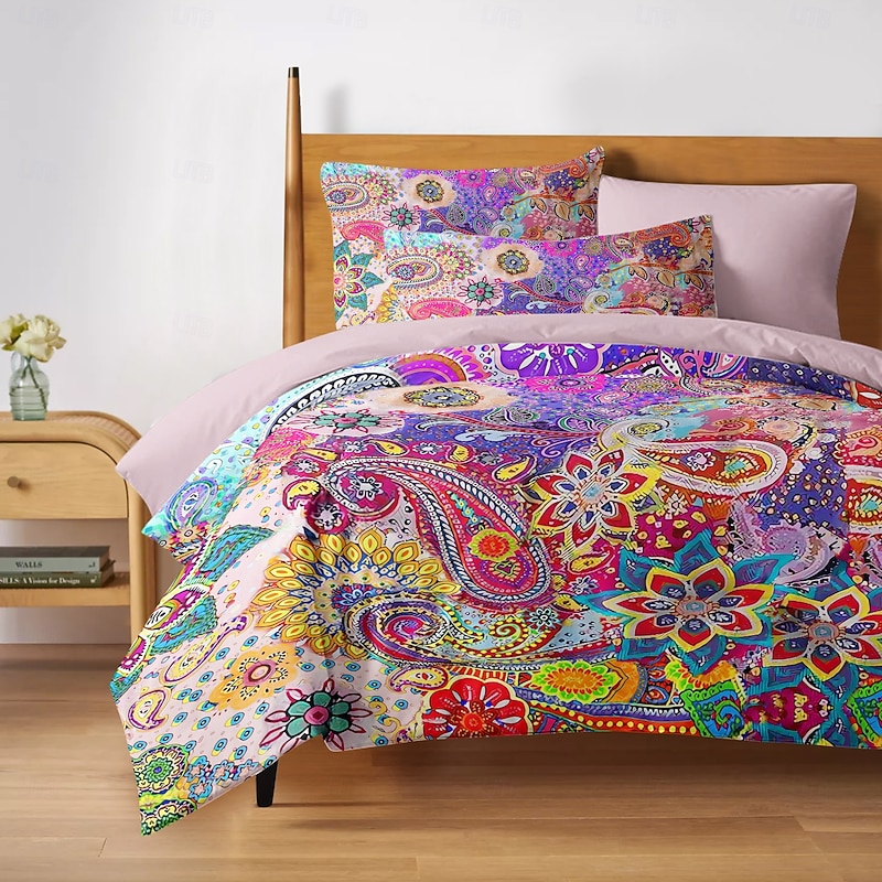 Bohemian Duvet Cover Set 100% Cotton Soft and Breathable Bedding Featuring Colorful Flowers Lightweight and Durable Quilt Cover Comfortable for All Seasons Easy to Care4