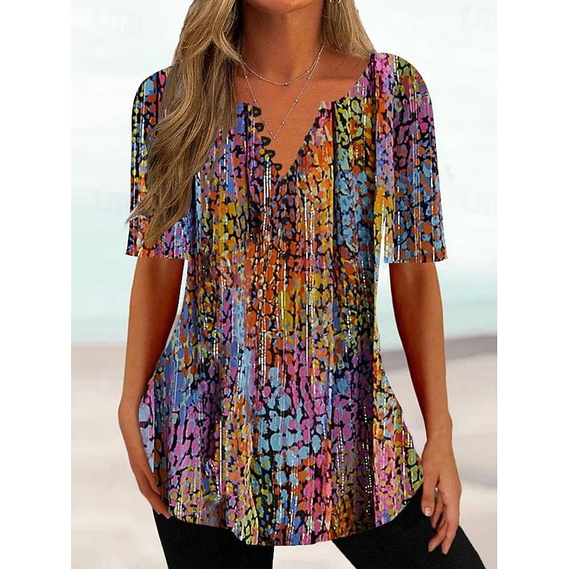 Women's T Shirt Ombre Floral Basic Short Sleeve Round Neck Regular Tops Daily Going out Weekend Buttons Print Blue Purple Fuchsia Summer Spring3