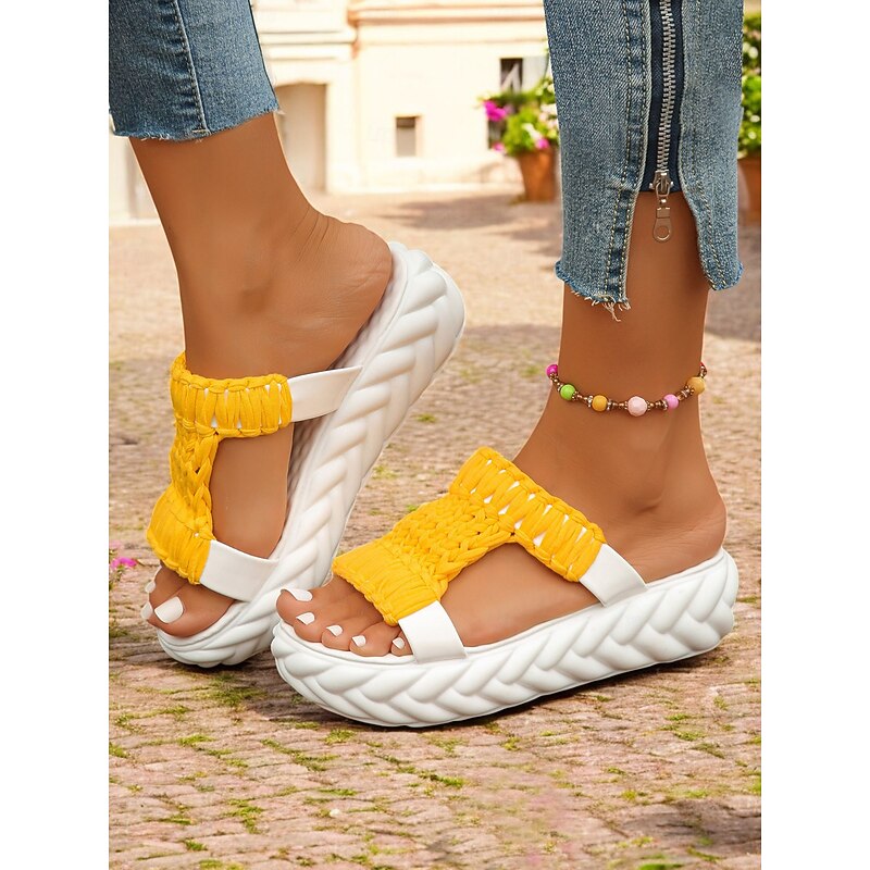 Women's Woven Platform Sandals - Trendy Yellow Open-Toe Slides , Comfortable Summer Footwear for Casual & Vacation Wear4