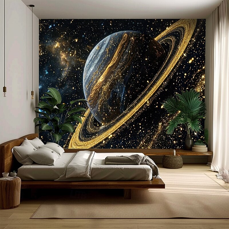 Planet Universe Hanging Tapestry Wall Art Large Tapestry Mural Decor Photograph Backdrop Blanket Curtain Home Bedroom Living Room Decoration Black Gold3
