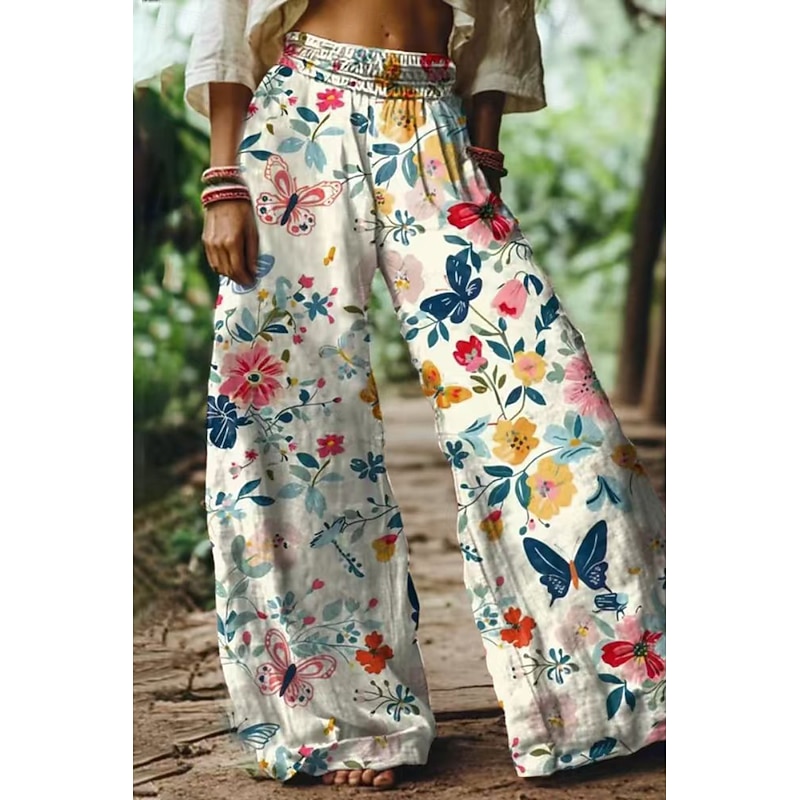 Women's Cotton Linen Pants Slacks Streetwear Casual Full Length Natural Flower Printing Outdoor Comfortable Street Going out Lake Blue Pink Blue Pale Pink Summer Regular Fit4