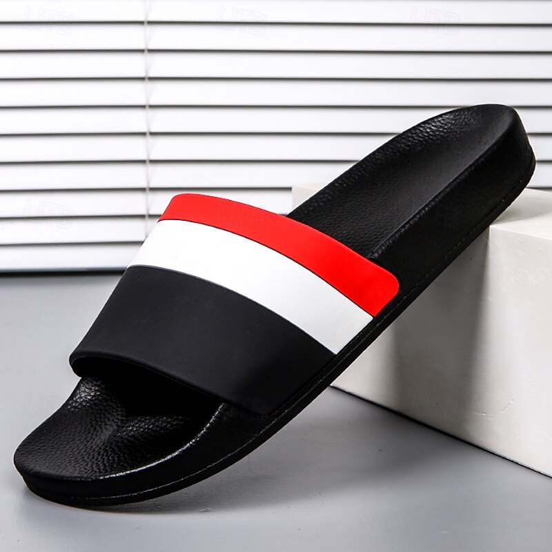 Men's Sporty Slide Sandals with Red and White Stripes - Bold Footwear for Leisure and Outdoor Activities