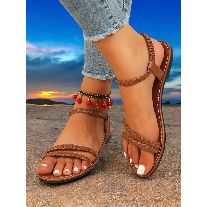 Women's Boho - Chic Braided Brown Sandals – Flat, Ankle - Strap Footwear for Beach Walks, Outdoor Markets and Casual Summer Days2