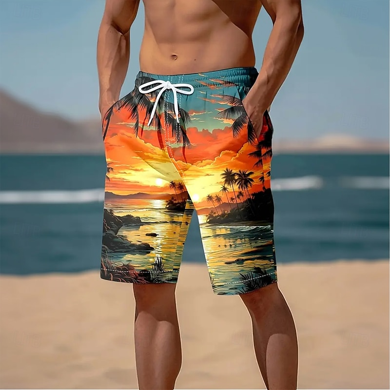 Men's Coconut Tree Landscape Tropical Plants Swim Shorts Board Shorts Swimming Trunks Mid Waist Hawaiian Beach Vacation Wear Side Pockets Mesh Lining Elastic Drawstring Waist Designer Clothing Apparel
