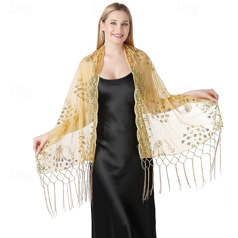 Retro Vintage Roaring 20s 1920s Scarf Wrap Shawls The Great Gatsby Flapper Girl Sequins Fringe Fancy Dress Women's Halloween Carnival Wedding Evening Party Masquerade Adults' Shawl